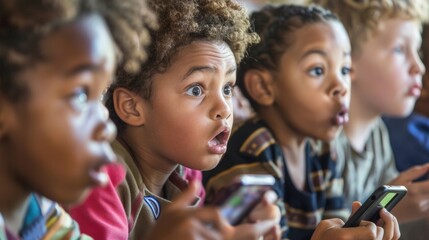 A group of children gather in a classroom listening to their teacher explain the negative effects of spending too much time on phones and tablets. The children look surprised - obrazy, fototapety, plakaty