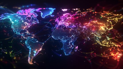 A vibrant world map is displayed in darkness, showcasing its diverse colors and countries with a striking contrast.