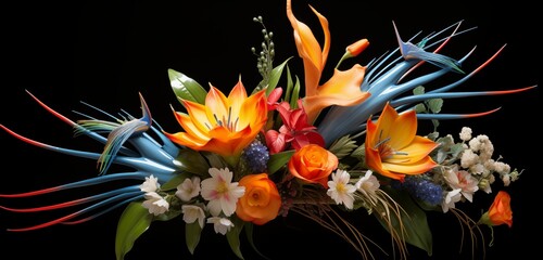 An artistic arrangement of exotic and colorful bird-of-paradise flowers in a bouquet