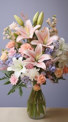 An elegant bouquet of mixed pastel flowers, featuring lilies, tulips, and daisies