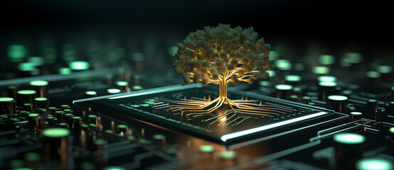 Ein Baum, der aus dem Prozessor einer Computerplatine sprießt. Symbolisiert Green Computing, Green Technology, CSR, IT-Ethik, grüne Hardware und das Konzept der umweltverträglichen Technologie - obrazy, fototapety, plakaty