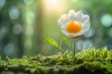 Blume im Wald, Blüte in Form eines Frühstücksei, Rohes Eigelb, Konzept gesundes und nachhaltiges Frühstück - obrazy, fototapety, plakaty