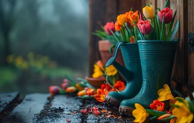 Fototapeten Gartenszene mit bunten Frühlingsblumen, einer Gießkanne und grünen Gummistiefeln auf einem Holzhintergrund, Textfreiraum © GreenOptix