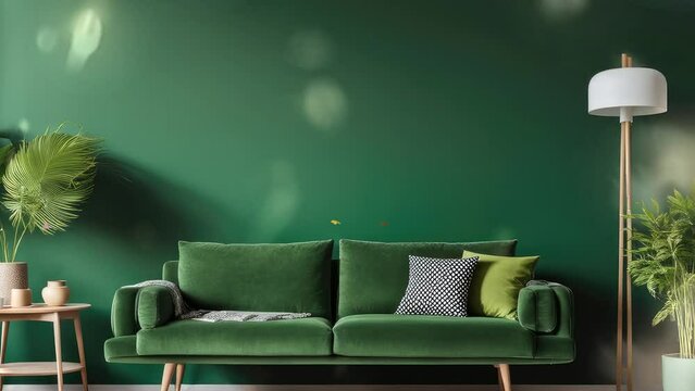 3D rendering. Green sofa and chairs on a green wall with bookshelves. Scandinavian home interior design modern living room with green plants.
