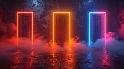 An array of glowing neoncolored doors suspended in a dark void representing the infinite possibilities of alternate dimensions.