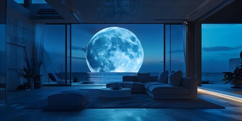 Cozy Virtual Living Room Background with Moonlit Night View for Stream Overlays or Video Calls. Concept Virtual Background, Moonlit Night View, Cozy Living Room, Video Calls, Stream Overlays