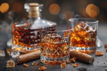 Tableware includes a bottle of whiskey, two glasses of whiskey, and two cigars on a table for a relaxing evening in the city