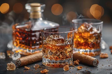 Schilderijen op glas Tableware includes a bottle of whiskey, two glasses of whiskey, and two cigars on a table for a relaxing evening in the city © RichWolf