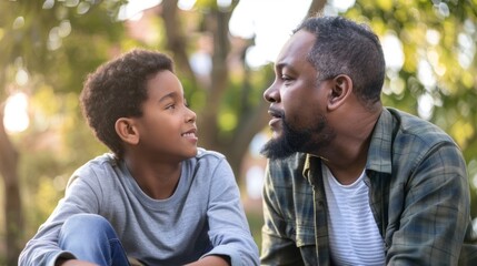 A father and son sit in the park discussing important topics. The son looks up to his dad with admiration and trusts his advice.