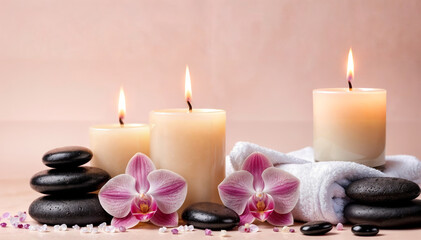 Spa Konzept, Aroma Kerzen mit Dekoration, Blumen und Hot Stones