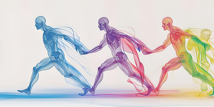 Neuromuscular re-education  technique for physical therapists to restore normal body movement patterns, Multicolor abstract sports background with running men