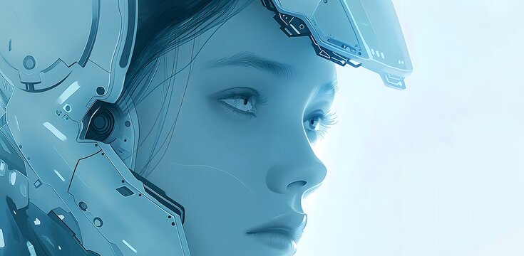 Banner humanoider Roboter, Verbindung Mensch Maschine, menschlicher Cyborg, Konzept künstliche Intelligenz