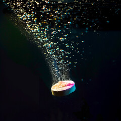 Effervescent pill with fizzy bubbles in water, soluble tablet falling down and dissolving with sparkling fizzy bubbles in realistic macro closeup - 765276347