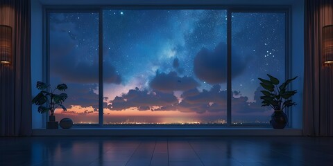 Cozy Virtual Living Room Background with Night Sky View for Streaming or Video Calls. Concept Virtual Background, Cozy Setting, Night Sky View, Streaming, Video Calls