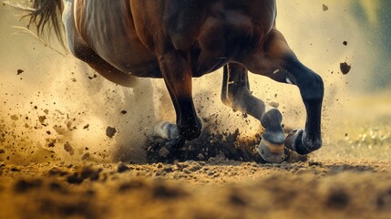 A close-up of a horse's powerful muscles as it gallops through a field, kicking up dust - obrazy, fototapety, plakaty