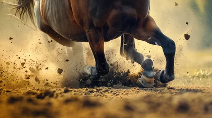 Tuinposter A close-up of a horse's powerful muscles as it gallops through a field, kicking up dust © Image Studio