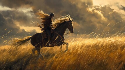 A horse and rider galloping through a field of tall grass, the wind whipping through their hair