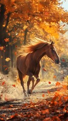 A horse with a flowing mane trotting gracefully along a country road lined with colorful autumn leaves - obrazy, fototapety, plakaty
