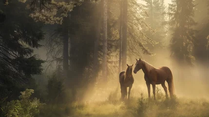 Fotobehang A pair of horses standing in a misty forest clearing, their breath visible in the cool morning air © Image Studio