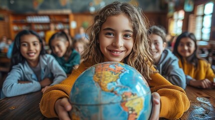 Girl student excited happy holding up a globe in classroom 