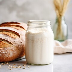 Flour in glass jar, blurred background, close up
