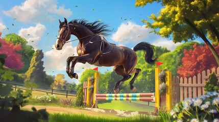 A spirited horse jumping gracefully over a series of colorful obstacles on an equestrian course - obrazy, fototapety, plakaty