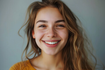 Fototapeta premium Confident young woman with charming smile on clean background. Positive human expressions 