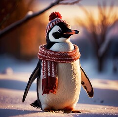 a penguin in a warm hat and scarf, standing in the snow, setting in the sun in winter.  - obrazy, fototapety, plakaty