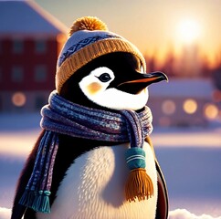 a penguin in a warm hat and scarf, standing in the snow, setting in the sun in winter.  - obrazy, fototapety, plakaty