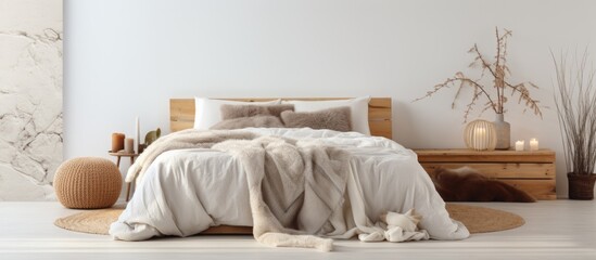 An up-close image showing a cozy bed with soft pillows and a warm blanket neatly arranged on top - obrazy, fototapety, plakaty