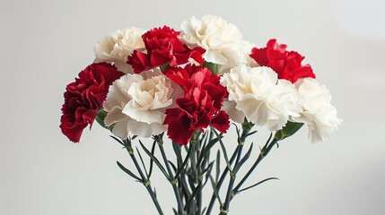 A classic bouquet of red and white carnations, arranged with precision and symmetry