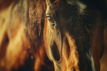 A close-up of a horse's face, nostrils flaring and eyes sparkling with intelligence - obrazy, fototapety, plakaty