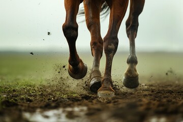A close-up of a horse's hooves pounding the ground as it races across a grassy plain - obrazy, fototapety, plakaty