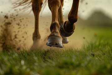 A close-up of a horse's hooves pounding the ground as it races across a grassy plain