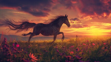 A horse with a flowing mane and tail galloping through a field of wildflowers at sunset - obrazy, fototapety, plakaty