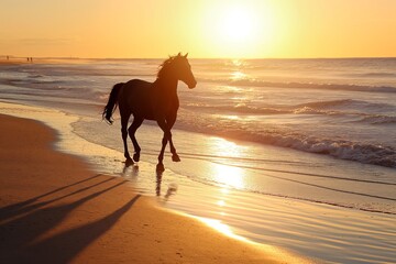A horse with a flowing mane trotting gracefully along a sandy beach at sunrise
