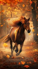 A horse with a flowing mane trotting gracefully along a country road lined with colorful autumn leaves