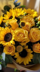 A joyful bouquet of yellow roses and sunflowers, representing happiness and positivity