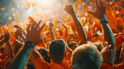 The stadium erupts in a sea of orange as fans jump to their feet to celebrate a winning goal. - obrazy, fototapety, plakaty