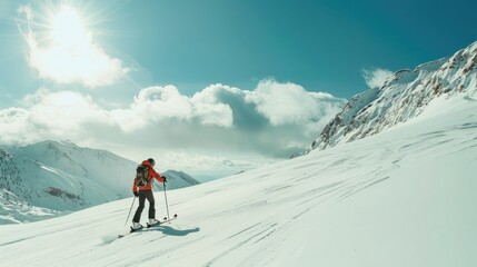 Fototapeta na wymiar mountain skier Prepare your skis and a sunny day. The concept of winter holidays