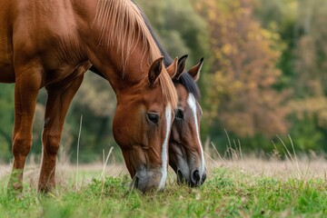 A pair of horses standing side by side, heads lowered as they graze peacefully on fresh grass