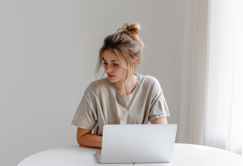 Procrastinated young woman working at laptop. Girl in burnout sitting at laptop with head on hand, absent minded or thinking with indifferent look