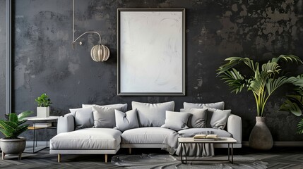 Elegant Interior Mockup: Modern Living Room with Stylish Decor and Art Frame