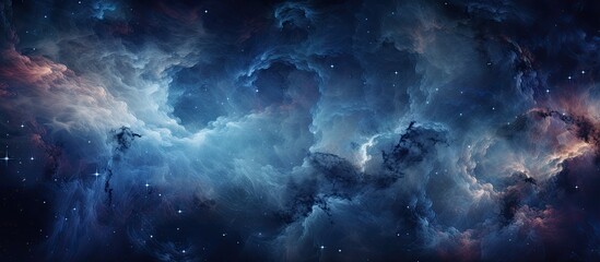 An image featuring a celestial scene of a dark blue and purple nebula filled with stars in the background