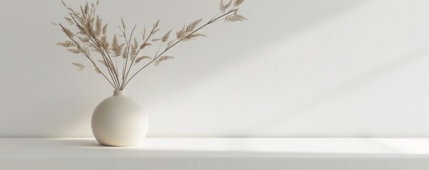 A white vase with dried flowers sits on a white shelf