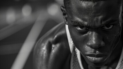The intense gaze of a track runner as they give their all in the final stretch.