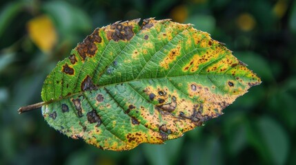 A closeup of a once vibrant green leaf now wilting and showing signs of decay from acid rain exposure.
