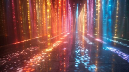 Rays and beams of different colors and patterns illuminate each reality creating a mesmerizing and otherworldly sight.