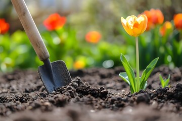 Gartenarbeit im Frühling, Schöner blumenreicher Garten - obrazy, fototapety, plakaty