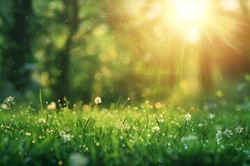 Fresh spring meadow with sunlight flare. Nature background with green grass 